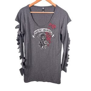 Sons of Anarchy Women's XXL Gray Scoop Neck Tattered Punk Rock Gothic Shirt Tops